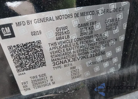 2019 Chevrolet Equinox Lt from USA, damaged, VIN 3GNAXJEV9KL314656